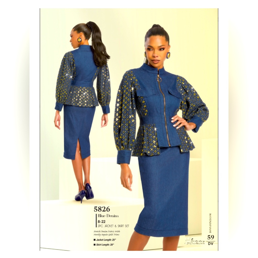 NWT Donna Vinci 5826 2Pc Jacket & Skirt. Sz 8. Stretch Denim Sequin Gold Trim